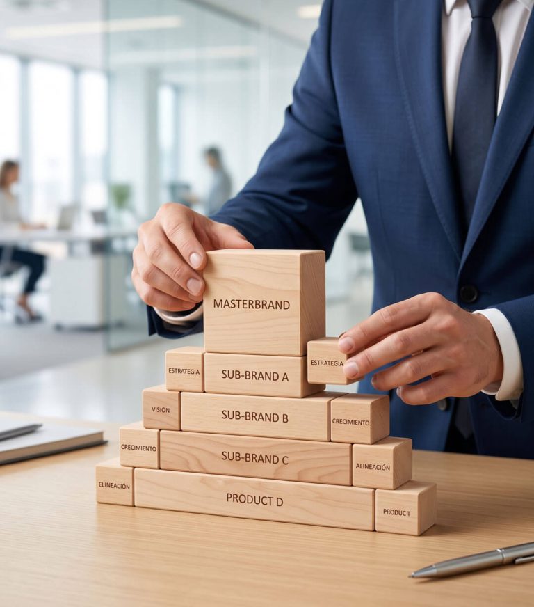 Ejecutivo construyendo una estructura piramidal con bloques de madera que representan la masterbrand, subbrands y productos en una arquitectura de marca.