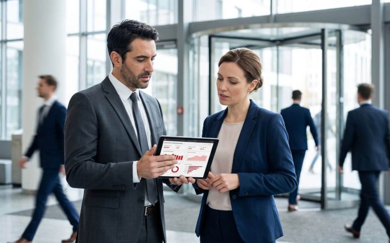 Directivos analizando datos en una tablet para diseñar una arquitectura de valor B2B y retención.