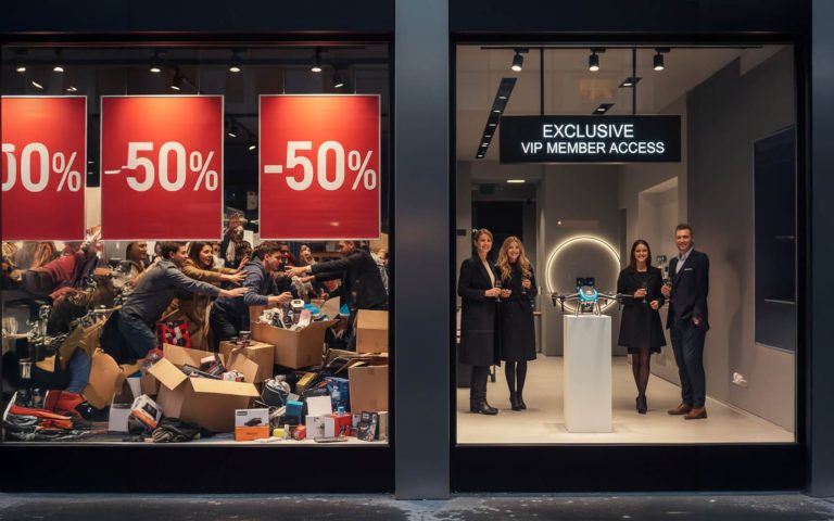 Contraste entre dos escaparates durante el Black Friday: a la izquierda, clientes compitiendo por productos con 50% de descuento; a la derecha, acceso exclusivo para miembros VIP con experiencia de marca premium.