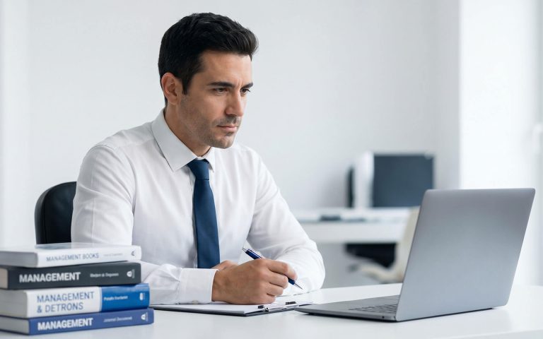 Un ejecutivo con camisa blanca y corbata analiza datos en su portátil frente a una pila de libros de gestión, representando cómo funciona el branding en la práctica para una empresa real.