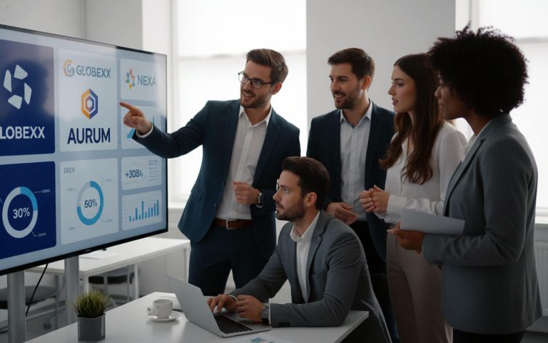 Equipo de profesionales analizando en una pantalla datos, gráficos e infografías sobre cómo el branding influye en la percepción del consumidor durante una reunión de marketing en oficina moderna.