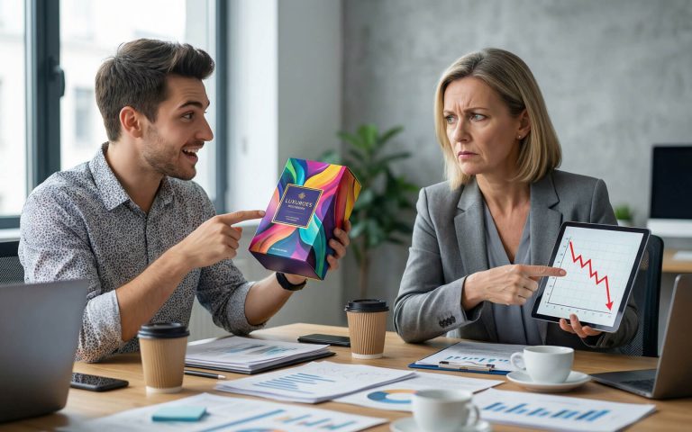 CEO señalando un gráfico de caída de ingresos en una tablet mientras un diseñador le muestra un packaging colorido, ilustrando la desconexión del branding sin objetivo de negocio.