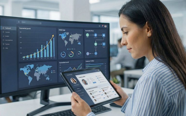 Una analista de marketing revisa paneles de datos de crecimiento exponencial en un monitor grande mientras sostiene una tableta que muestra perfiles de clientes detallados, ilustrando la implementación de branding y personalización basada en datos.