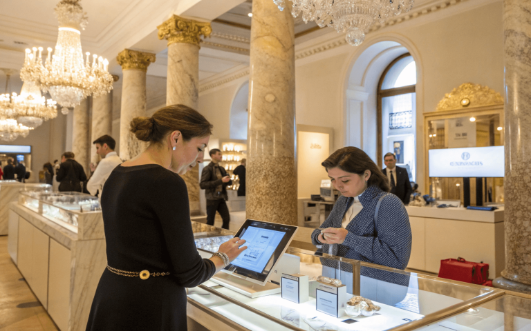 Clienta elegante contemplando expositor de productos de alta gama en una boutique de lujo con columnas de mármol.