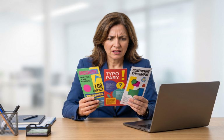 Ejecutiva confundida al revisar folletos con diseños inconsistentes de varias agencias externas.