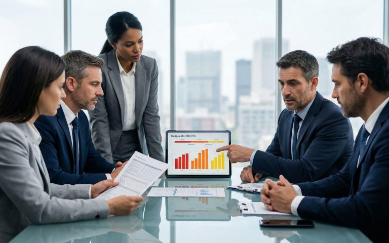 Un equipo directivo en una sala de reuniones analizando gráficos de respuesta en una tablet, ejemplificando la ejecución de un manual de crisis en comunicación para proteger la reputación de marca.