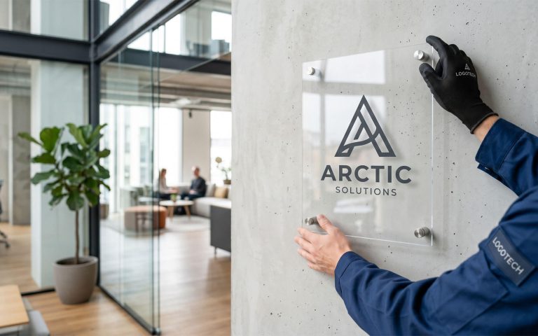 Un operario con guantes de la empresa Logotech instala una placa corporativa transparente de metacrilato con el logotipo y nombre de Arctic Solutions en una pared de hormigón, reflejando el proceso de cómo actualizar la identidad de una empresa sin perder clientes.