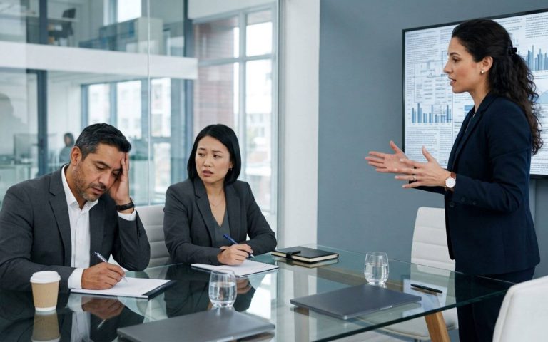 Ejecutiva explicando cómo comunicar la propuesta de valor ante su equipo en una reunión corporativa.