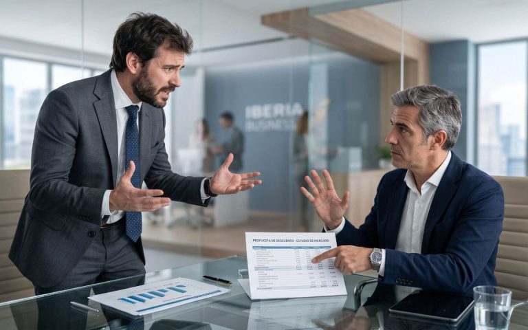 Directivo señalando una propuesta de descuento durante una discusión sobre como evitar la comoditizacion en ventas.
