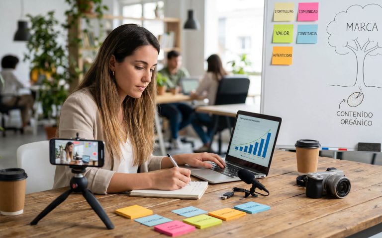 Una creadora de contenido grabando un vídeo con su móvil y trabajando en su portátil para construir una marca desde cero de forma orgánica, con una pizarra al fondo que muestra la estrategia de "contenido orgánico" y "autenticidad".