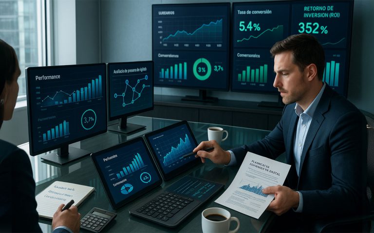Consultores analizando múltiples pantallas con métricas digitales de conversión y retorno de inversión.