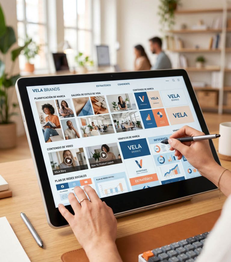 Diseñadora organizando la planificación de redes sociales, vídeos e infografías en una pantalla táctil para unificar el contenido y presencia de marca.