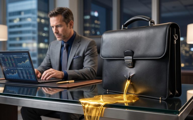 Empresario frente a su portátil observando un portafolio con una fuga de oro, representando el coste de no tener marca.