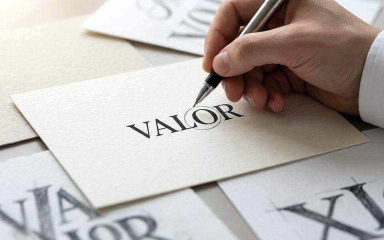 Primer plano de una mano con bolígrafo resaltando la palabra VALOR en un papel de alta calidad, simbolizando la importancia de una comunicación de marca efectiva y cuidada.