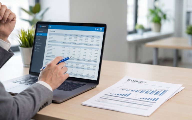 Un profesional trabaja en su despacho con un monitor profesional y bocetos impresos, representando el proceso y coste de rediseñar la imagen corporativa de una empresa.