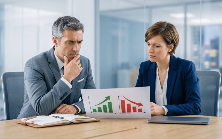 Directivos analizando gráficos de rendimiento para realizar un diagnóstico de marca B2B.