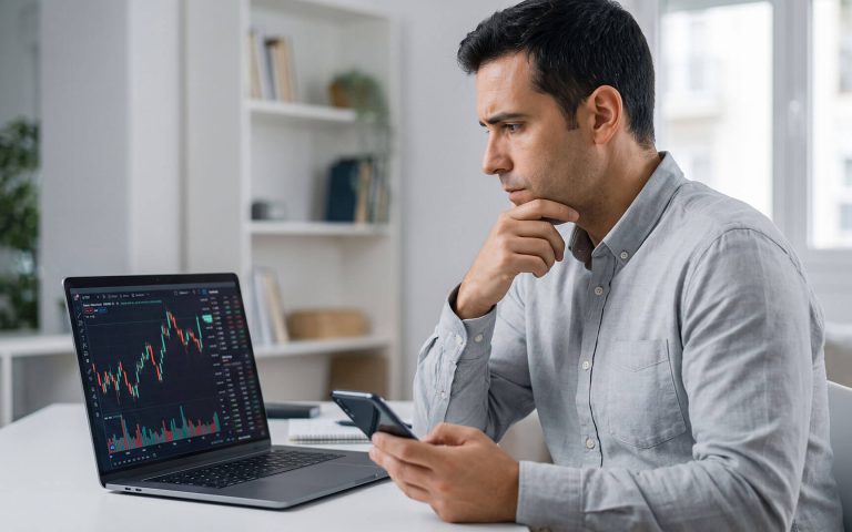 Emprendedor pensativo analizando gráficos de inversión, evaluando la diferencia entre branding y marketing para saber en que debería invertir primero.