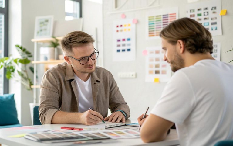 Diseñador y cliente revisando bocetos y paletas de colores en una mesa mientras trabajan para crear un logotipo.
