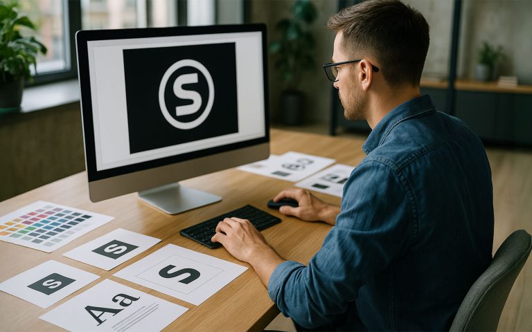Diseñador gráfico trabajando en el desarrollo de símbolos de marcas en una computadora, con muestras de tipografía y paleta de colores sobre el escritorio.