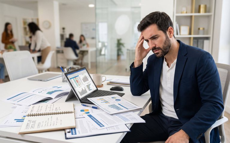 Profesional preocupado analizando informes financieros en su oficina, planteándose por dónde empezar a construir la marca de mi empresa si nunca lo he hecho.