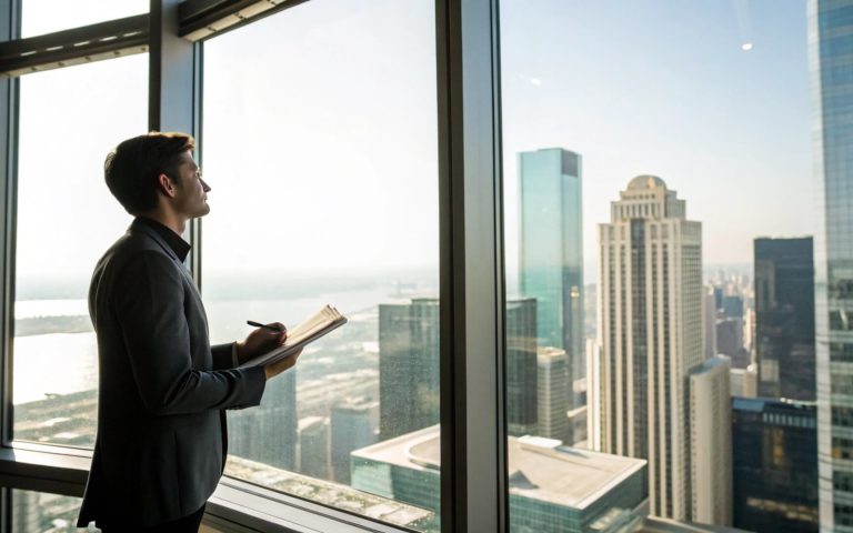 Ejecutivo observando la ciudad desde una oficina en rascacielos mientras toma notas, representando el trabajo estratégico de agencias de branding y posicionamiento.