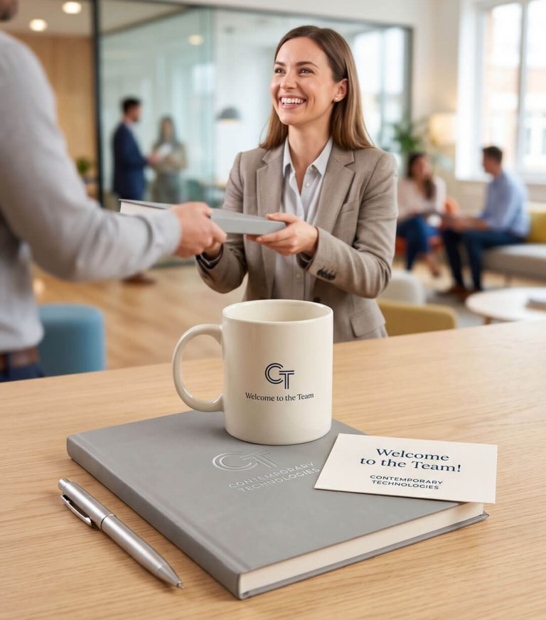 Nueva empleada sonriente recibiendo un cuaderno y un kit corporativo de bienvenida como parte de una estrategia de employer branding.