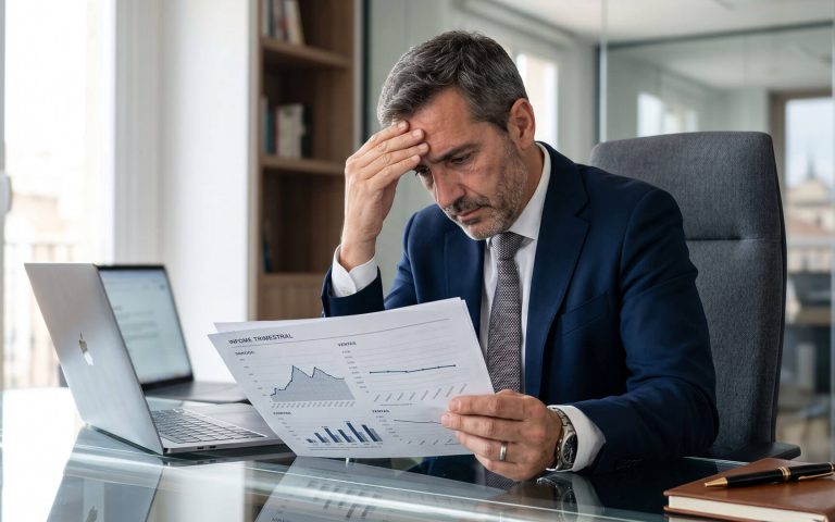 Ejecutivo frustrado en su oficina revisando informes financieros a la baja, ilustrando el dilema de por qué mi marca no funciona aunque he invertido en diseño y comunicación.