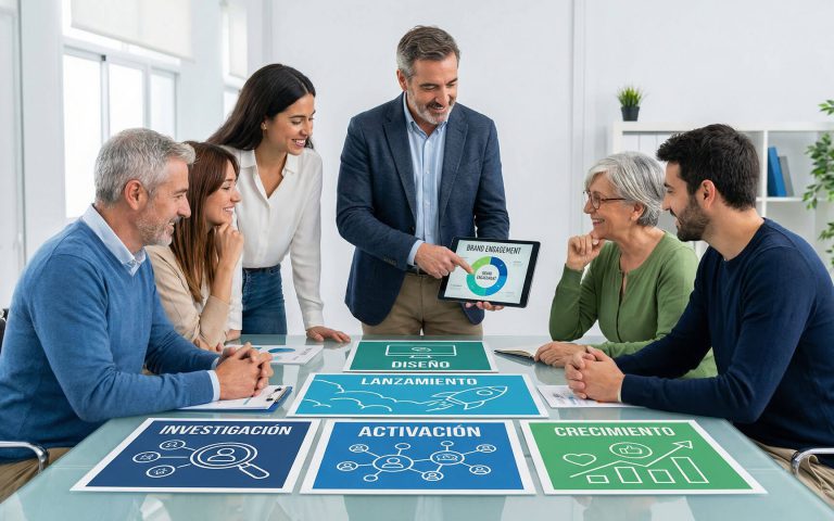 Un equipo profesional analiza las fases de gestión del cambio branding en una mesa de trabajo con paneles que indican: Investigación, Diseño, Lanzamiento, Activación y Crecimiento, mientras un consultor muestra un gráfico de "Brand Engagement" en una tablet.