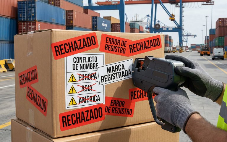 Primer plano de una caja de mercancías en un puerto con múltiples etiquetas de "Rechazado" y "Conflicto de nombre", ilustrando los riesgos legales y de registro de un naming mal ejecutado en mercados internacionales.