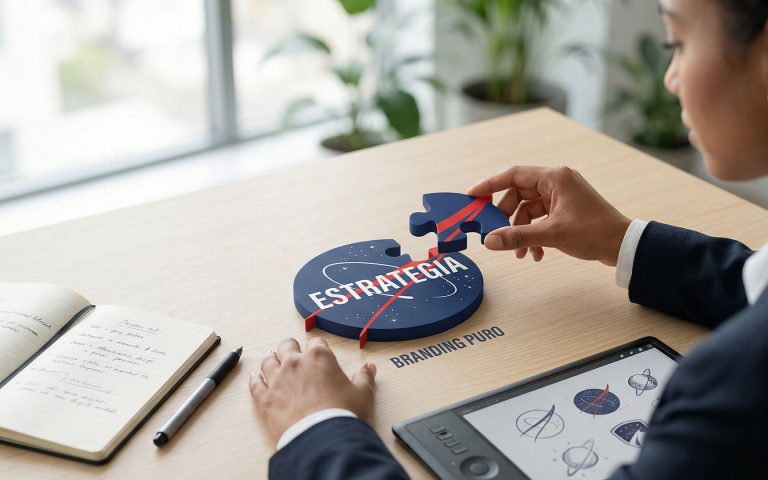 Una persona con traje en un escritorio une la pieza final de un rompecabezas circular impreso en 3D que dice "ESTRATEGIA", con los colores y la tipografía inspirados en el logotipo de la NASA. El rompecabezas está sobre el texto "BRANDING PURO", flanqueado por un cuaderno de bocetos y una tableta gráfica que muestra varios conceptos de diseño de logotipos. La escena ilustra la conexión esencial entre el diseño de la identidad y la planificación estratégica de la marca.