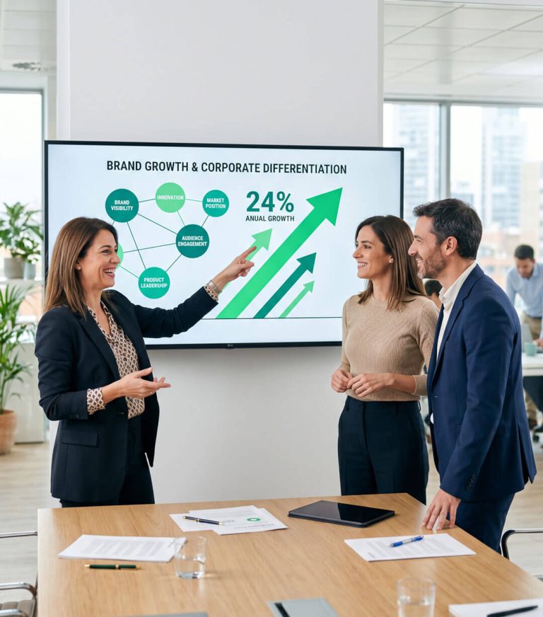 Equipo de marketing analizando una gráfica de diferenciación corporativa y crecimiento anual para definir su estrategia de marca.