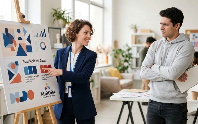 Una consultora de branding muestra un panel sobre psicología del color y estrategia para definir qué valores de marca existen ante un cliente en una oficina moderna.