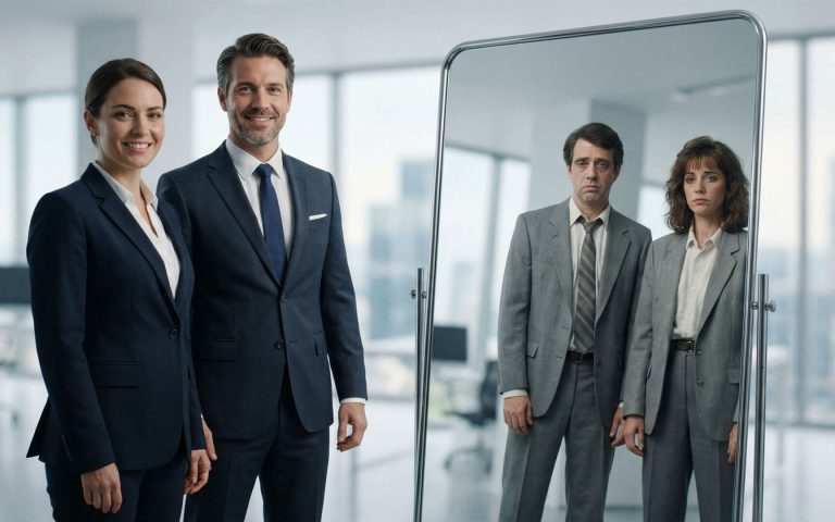 Dos profesionales con vestimenta moderna y actitud segura parados junto a un espejo que refleja sus versiones antiguas con aspecto cansado y trajes anticuados, simbolizando la renovación mediante estrategias de reposicionamiento de marca.