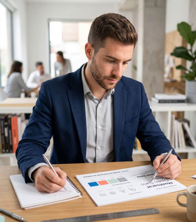 Profesional tomando notas sobre la paleta cromática y directrices corporativas durante un taller de formación y consultoría interna de branding.