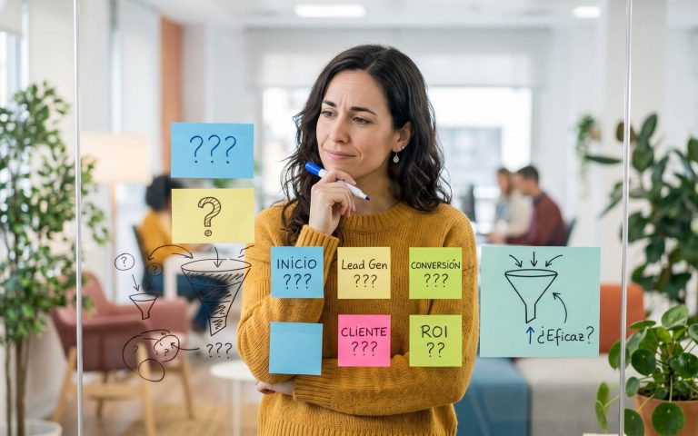 Estratega de marketing planificando un embudo de conversión para generar demanda B2B sin publicidad mediante un esquema en cristal.