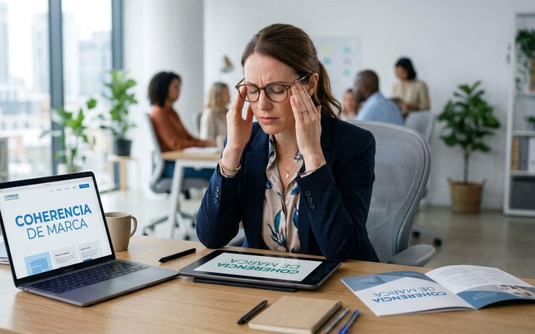 Una profesional en una oficina moderna muestra signos de fatiga mientras trabaja en la estrategia de branding empresarial, con dispositivos y folletos que muestran el texto "Coherencia de Marca".