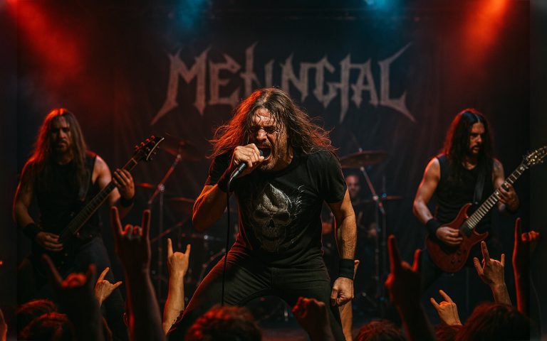 Banda de heavy metal tocando en directo: vocalista al frente gritando en el micrófono, guitarristas a ambos lados bajo luces rojas y azules y el público haciendo el gesto de cuernos del diablo.