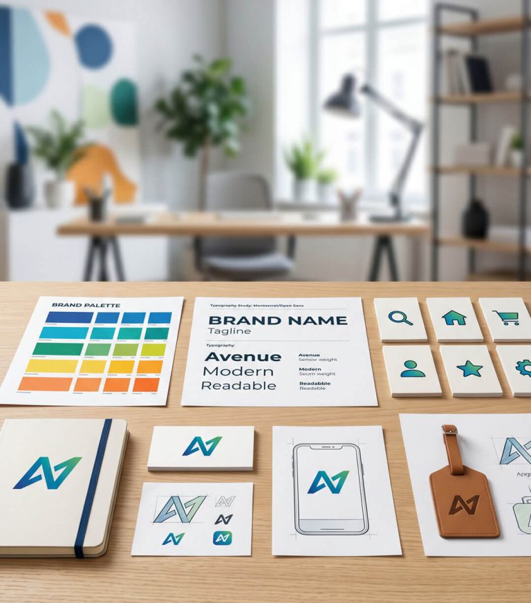 Muestras impresas de paleta cromática, tipografía, logotipo aplicados a papelería corporativa y maquetas de diseño para definir una identidad visual.