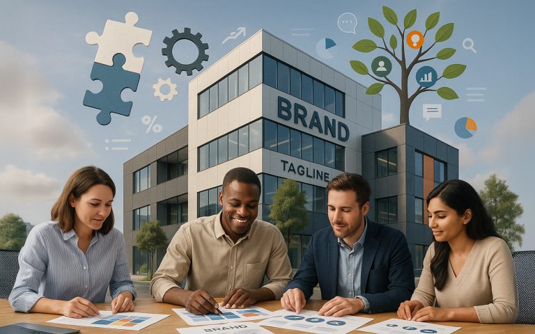 Equipo de diseño colaborando en una mesa frente a un edificio con la palabra 'Brand', rodeado de íconos de comunicación y estrategia, representando un ejemplo de imagen corporativa en construcción.