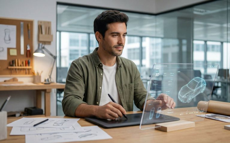 Un profesional utiliza una tableta gráfica y una pantalla de cristal transparente con un modelo 3D de un coche, representando la aplicación de la transformación digital en empresas de diseño y tecnología.