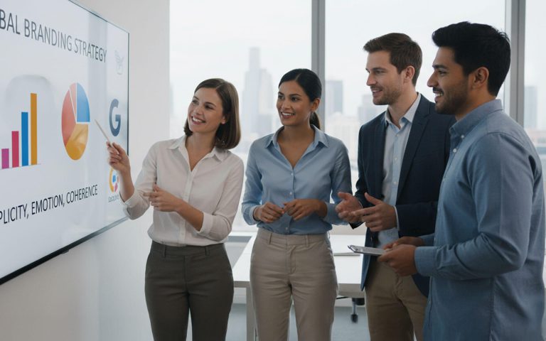 Equipo de profesionales colaborando en oficina moderna durante una presentación sobre lecciones de branding de marcas globales enfocada en simplicidad, emoción y coherencia.