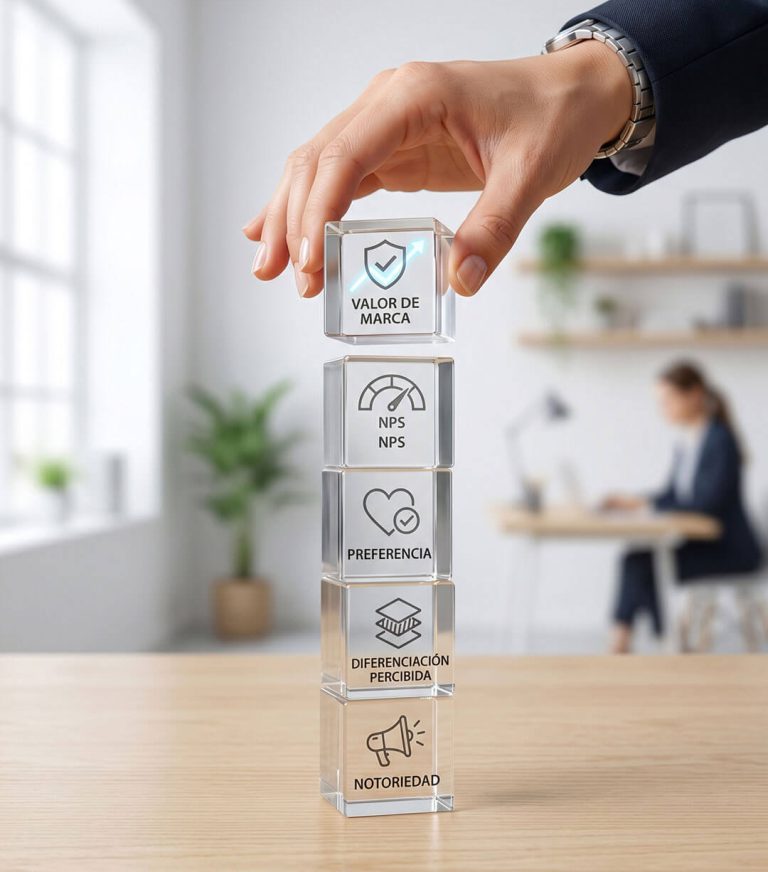 Mano apilando cubos de cristal con iconos de notoriedad, diferenciación, preferencia y NPS para la medicion y seguimiento de marca.