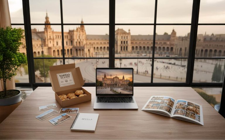 Mesa de trabajo con vistas a la Plaza de España de Sevilla, caja de tortas Inés Rosales y materiales de diseño, simbolizando el branding en Sevilla desde la tradición y la innovación.