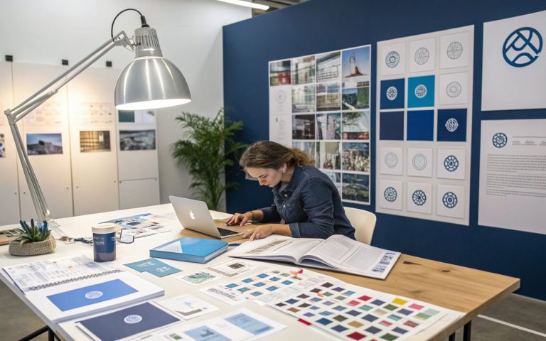 Profesional trabajando en un briefing de branding en una oficina creativa: mesa repleta de bocetos, pantones y muestras de logotipos, con un panel en la pared mostrando distintas propuestas gráficas de marca.