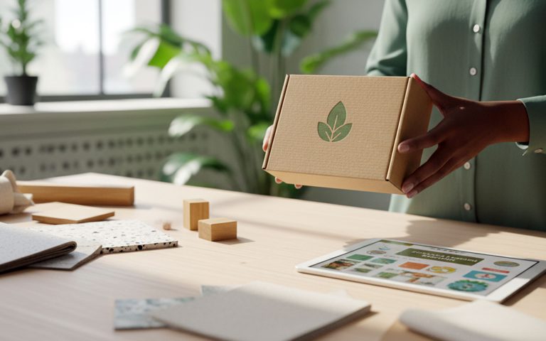 Persona sosteniendo una caja de cartón reciclable con un icono de hoja verde, sobre una mesa de trabajo con muestras de materiales y una tablet, ilustrando el proceso de diseño de packaging para marcas sostenibles.