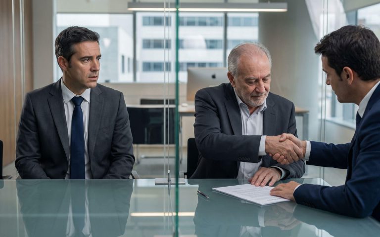 Tres hombres en una reunión de negocios donde uno de ellos muestra dudas y desconfianza mientras los otros cierran un trato, ilustrando por qué se pierden clientes aunque el producto sea superior.