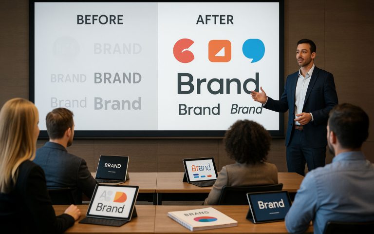 Ejecutivo presentando a un grupo la nueva identidad visual de una marca tras un proceso de rebranding, con ejemplos de logotipos antes y después en pantalla.