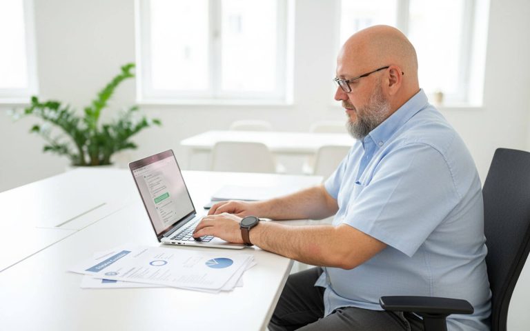 Hombre profesional de unos 50 años trabajando concentrado frente a una laptop en una oficina moderna, utilizando herramientas de inteligencia artificial en el proceso de branding, con documentos y gráficos sobre la mesa.