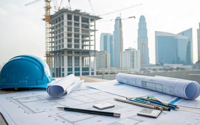 Planos arquitectónicos, casco de seguridad y herramientas sobre una mesa con rascacielos en construcción al fondo, simbolizando la planificación estructurada detrás de una estrategia de marca.