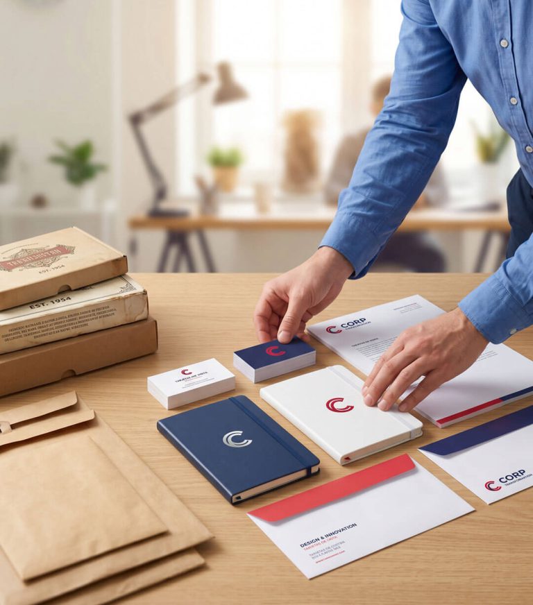 Diseñador organizando tarjetas de visita, sobres y cuadernos impresos con el nuevo logotipo creado tras la estrategia de rebranding.